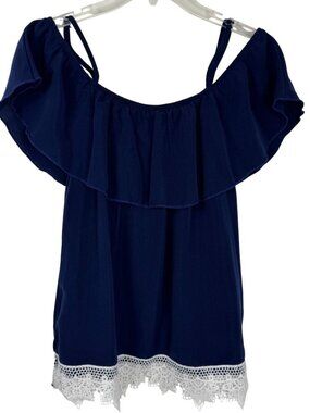 Miss Chievous Navy Blue White Crochet Trim Off the Shoulder Blouse Top Med EUC